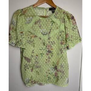 Lipsy London Sheer Floral Too US Size 6 Light Green Short Sleeve Blouse